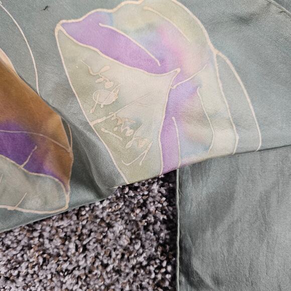 Vintage Womens Signed Silk Scarf Sage Green Delicate Floral Print - Picture 4 of 5